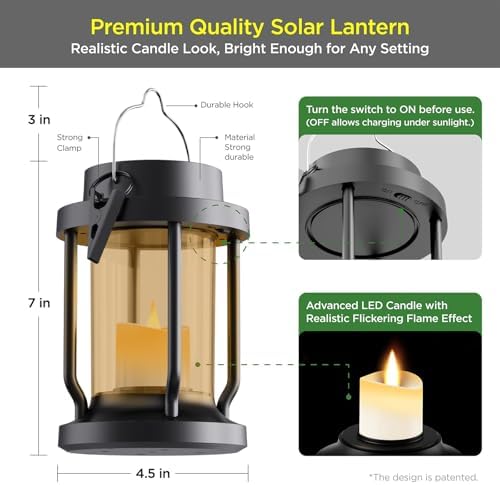 Solar Lantern Outdoor & Indoor Use – Hanging Solar Lights with Realistic Flickering Flameless Candle, Weatherproof for Gardens, Patios, Trees, and Lawns (Black + Amber, 1 Pack) - Image 5
