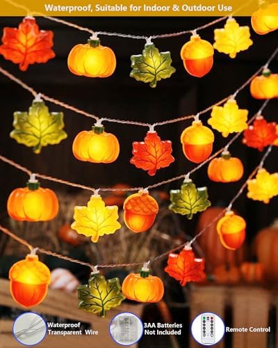 Fall Thanksgiving Lights Battery Operated 10Ft 20 LED Pumpkin Acorn Maple Leaf String Lights with Timer, Orange Autumn Light for Indoor Outdoor, Halloween Harvest Fall Decor for Home Porch Party - Image 3