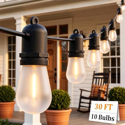 S14 Outdoor String Lights 30FT, 11 Frosted LED Bulbs, Black Wire by BOKOIUU