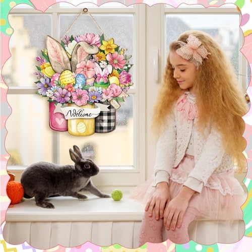 Boao Happy Easter Door Sign Decor for Frontdoor Easter Bunny Egg Welcome Wooden Door Signs Floral Spring Hanging Sign Bunny Rabbit Wreath for Farmhouse Decorations Spring Party Indoor Outdoor Decor - Image 6