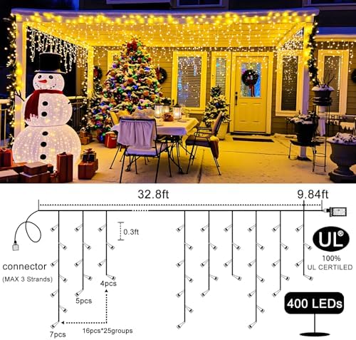 Icicle Lights for Outside 33FT 400 LED Warm White Christmas Lights - Image 2