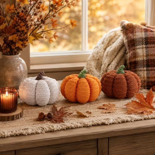 MEETYAMOR Fall Pumpkin Decor, 3 PCS Resin Pumpkins Figurines for Fall Decor, Rustic Knit Textured Pumpkins Fall Decorations for Home, Shelf, Table Centerpieces, Autumn, Thanksgiving Decor - Image 4