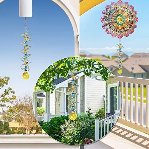 FONMY Gazing Ball Spiral Tail -Decorative Wind Spinner Sun Catcher Rainbow Maker Double-Spiral W/Golden Crystal Ball and Chain Crystals for Indoor Outdoor Garden Decoration -14 inch Height - Image 6