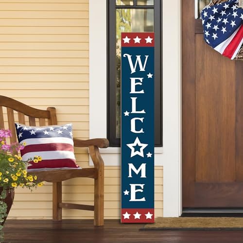 Patriotic Wooden Porch Sign 47" 4th of July Independence Day Large Welcome Sign Memorial Day Vertical Indoor Outdoor Standing Sign For Garden Home Yard Farmhouse by Unknown