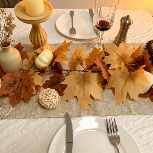 4 Pack Fall Garland with Lights-Total 24Ft Autumn Leaves Garland for Mantle Fireplace-Brown Fall Decor for Front Door with Pumpkins Indoor Maple for Stairs Porch Thanksgiving Decorations - Image 6