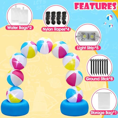 8FT Inflatable Beach Ball Arch Built-in 5 LED Lights Colorful Blow Up Archway for Summer Outdoor Decorations Tropical Luau Carnival Pool Beach Birthday Party Supplies Yard Garden Lawn Photo Backdrop - Image 5