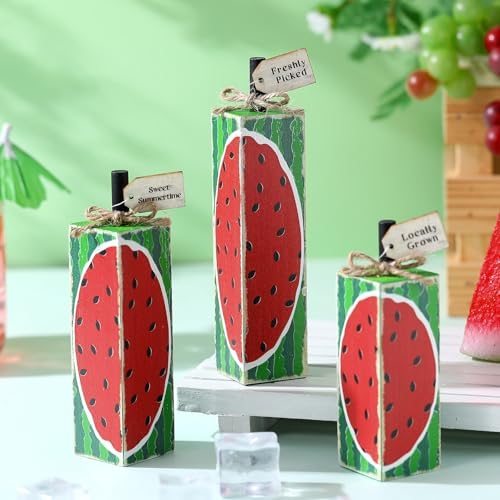 Yousoontic 3 Pcs Summer Wooden Table Decor Watermelon Table Centerpiece Wooden Watermelon Block Signs Summer Decoration for Home Office Kitchen Mantel Shelf - Image 2
