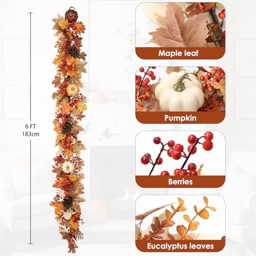 6FT Fall Garland for Mantle with Lights, Pumpkins, Pinecones, Berries - Image 4