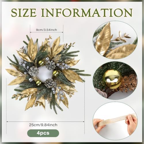 4 Pcs 9 Inch Christmas Wreaths for Kitchen Cabinet Artificial Pine Hanging Cedar Wreath with Christmas Balls Golden Twigs and Silver Berries for Front Door Xmas Winter Farmhouse Home Decorations - Image 3