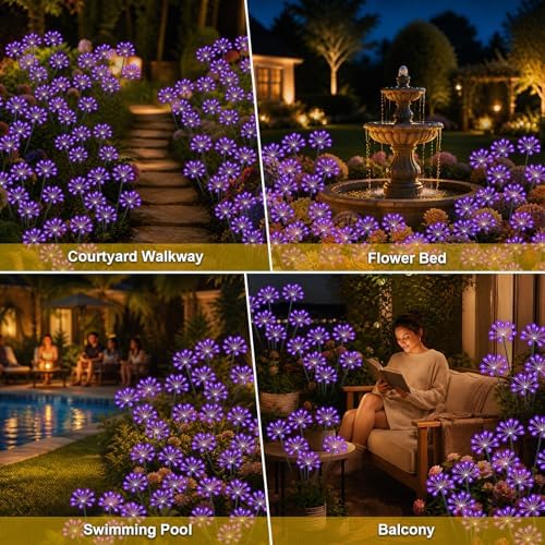 Solar Garden Lights Outdoor, Upgraded Solar Swaying Starburst Light Waterproof with 2 Modes, Solar Fairy Firework Lights for Yard Patio Pathway Flowerbed Balcony Garden Decoration (Purple, 2 Pack) - Image 6