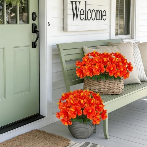 2 Pcs Artificial Outdoor Flowers Realistic Silk Fake Hibiscus Tropical Flowers Summer Fall Decoration UV Resistant Faux Plants for Outdoors Planters Outside Porch Patio Yard Garden Orange-Red - Image 5