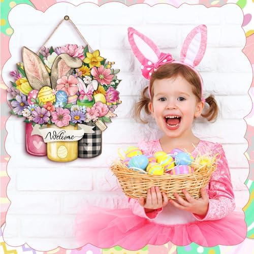 Boao Happy Easter Door Sign Decor for Frontdoor Easter Bunny Egg Welcome Wooden Door Signs Floral Spring Hanging Sign Bunny Rabbit Wreath for Farmhouse Decorations Spring Party Indoor Outdoor Decor - Image 5