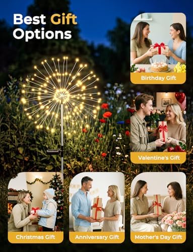 Brightown 4 Pack Garden Decor Solar Lights Outdoor Decorative,150LED Firework Lights for Outside,8 Modes Solar Powered Stake Fairy Light for Yard Pathway Flowerbed Patio Christmas Decor,Warm White - Image 6