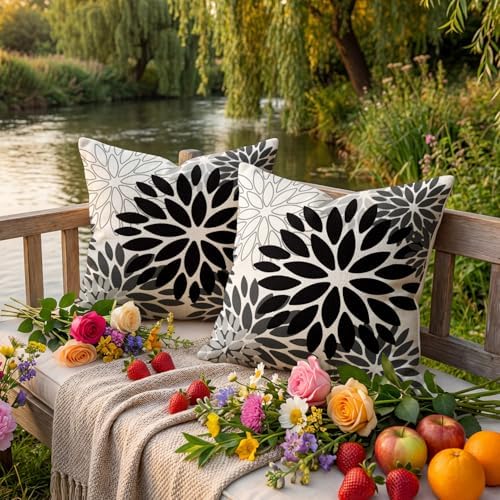 AVOIN colorlife Dahlia Flowers Black Waterproof Outdoor Throw Pillow Covers, 18 x 18 Inch Outdoor Summer Cushion Case Decoration for Patio Garden Porch Set of 2 - Image 4