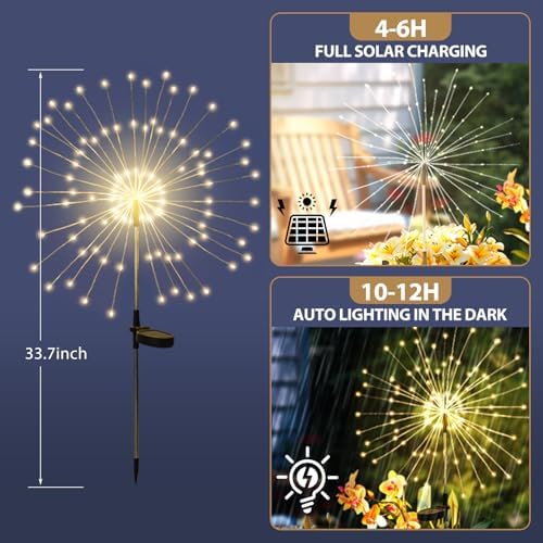 DONGULI Outdoor Solar Garden Lights, 120 LEDs 8 Lighting Modes Waterproof Solar Fireworks Light Sparklers for Patio Walkway Yard Courtyards Pathway Christmas Party Decorations, Colorful(2 Pack) - Image 2