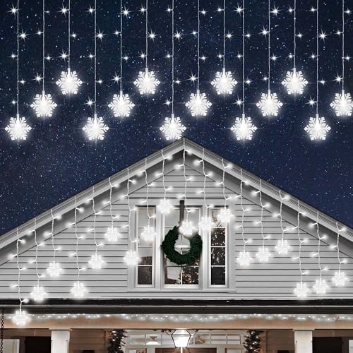 Christmas White Icicle Lights with Snowflake, 150 LED Curtain Lights with 8 Lighting Modes, Plug in Twinkle Lights for Home Christmas Wedding Party Decoration by Unknown