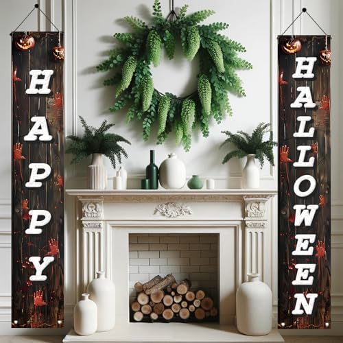 2PCS Halloween Porch Banner Decorations 71 x 12 Inch Happy Halloween Vertical Hanging Sign Scary Bloody Handprint Front Door Banner for Outdoor Haunted House Yard Party Wall Decor - Image 5