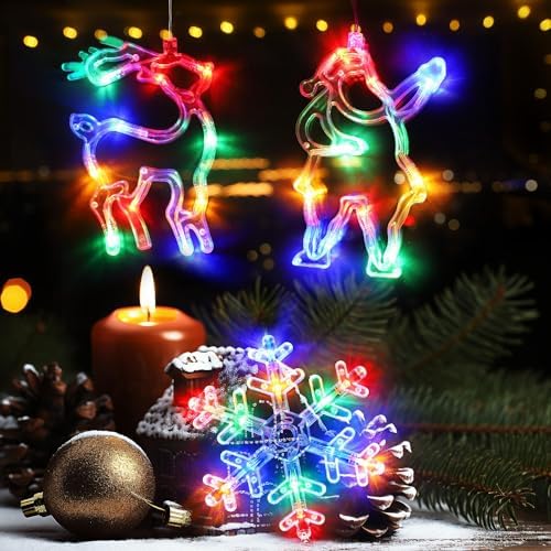 3Pcs Christmas Window Lights, Battery Powered Christmas Window Hanging Decorations Reindeer & Xmas Tree & Snowflake Shaped Indoor Lights with Suction Cup, Timer for Xmas New Year Home Decor - Image 2