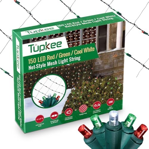 Christmas Light Net – 150 LED Red, Green & Cool-White Mesh Lights - 4 ft x 6 ft – Outdoor/Indoor – Net Lights for Bushes, Hedges or Trees by Tupkee