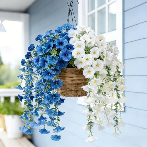 6 Pcs Blue Artificial Hanging Flowers, 30 Inch Blue Morning Glory Vines UV Resistant Fake Hanging Plants Silk Hanging Flowers for Outdoor Garden Patio Window Box Coastal Summer Decor - Image 5