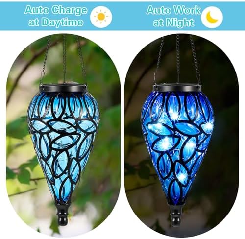 Tujoe 2 Pack Solar Hanging Lanterns Outdoor Lights, Blue - Image 6