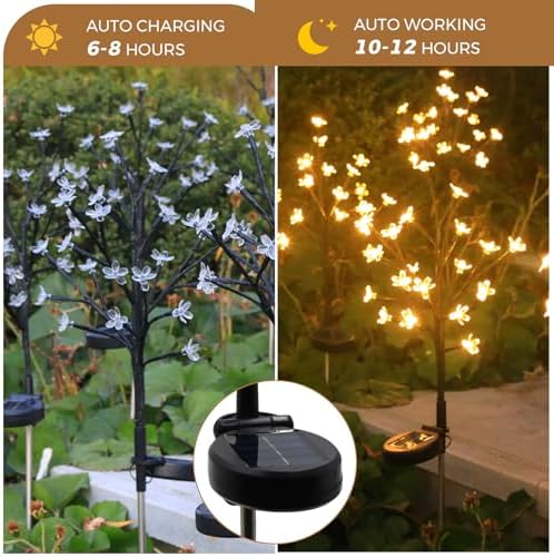 Solar Garden Lights Outdoor Garden Decor, 2 Pack Cherry Blossom Solar Flowers Outdoor Waterproof Fairy Solar Lights, Outside Yard Decorations for Patio Pathway Decor, Gardening Gifts for Women Mom - Image 4