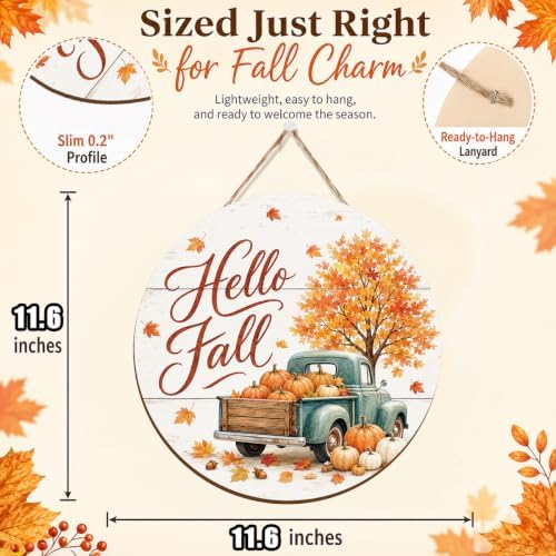 Fall Door Decor Wooden Hello Fall Sign, Pumpkin Truck Door Hanger - Image 2