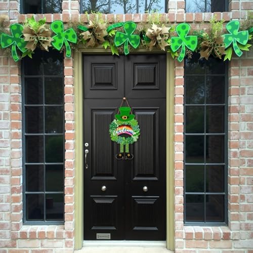 Happy St. Patrick's Day Welcome Wooden Hanging Sign 13.4x12.8 Inch St Patricks Day Rainbow Shamrock Wreath Sign for Front Door Decor,Irish Spring Lucky Gnome Wood Wreath Indoor Wall Hanging Decoration - Image 3