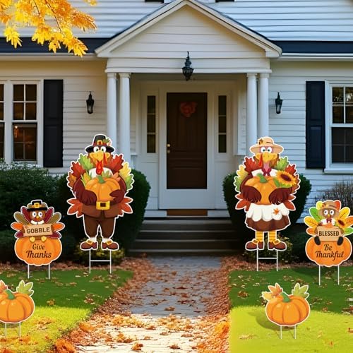 Thanksgiving Yard Decorations Outdoor, 6 Pcs Turkey Yard Signs for Thanksgiving Decorations Outside, Gooble Bless Give Thanks Be Thankful for Autumn Party Outdoor Lawn Garden Decor - Image 2