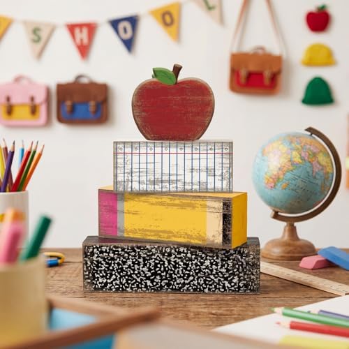 Lineshading 4 Pcs Back To School Table Decorations Wooden Apple Block Signs - Image 2