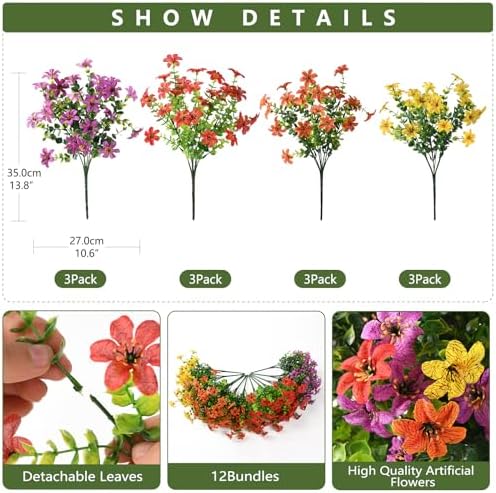 Artificial Flowers for Outdoors Spring Summer Decoration, 12 Bundles Fake Plants UV Resistant Realistic Faux Flower Silk Daisy with Eucalyptus Stem for Patio Planter Porch Yard Window Box Balcony - Image 2