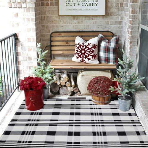 Fall Décor Plaid Rug, 3' x 5' Black&White Check Indoor/Outdoor Area Rug, Layering Rug for Hello/Welcome Door Mat, Machine Washable Cotton Woven Rugs for Farmhouse Front Porch, Entryway - Image 6