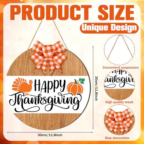 Moucuny Fall Thanksgiving Turkey Door Sign, Wooden Fall Wreath with Bow - Image 3
