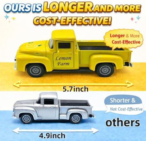 Lemon Farm Truck Decor with 8 Faux Lemons, 5.7 Inch Vintage Yellow Metal Pickup Truck, Spring Summer Farmhouse Kitchen Tabletop Tiered Tray Shelf Mantel Centerpiece Home Decoration,1Set - Image 4