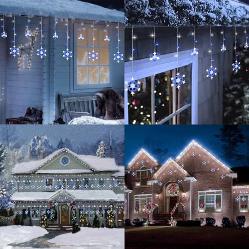 Christmas Snowflake Lights Outdoor, 17.22ft 264 LED Snowflake Icicle Lights with 22 Drops, 8 Modes connectable Christmas Light Waterproof for Eaves, Garden, Indoor & Outdoor Xmas Decor (White & Blue) - Image 7