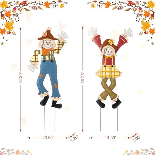Glitzhome Fall Outdoor Decorations,Fall Thanksgiving Metal Scarecrow Garden Stakes,36"H Cheerful Scarecrows Yard Signs,Fall Scarecrow Yard Stakes for Patio Pathway Autumn Harvest Decorations, Set of 2 - Image 2