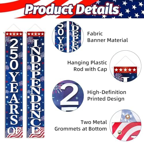 71 x 12 Inches 250th Anniversary Independence Day Door Banner, Red White Blue Stars and Fireworks Patriotic Porch Sign for 4th of July, Front Door Wall Decoration, Outdoor Indoor USA 250 Years Decor - Image 3