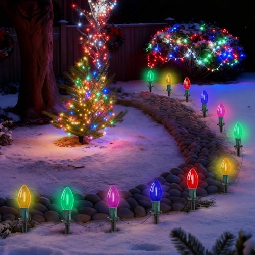 38FT Multicolor LED Christmas Pathway Lights, 25 Multicolor Extendable Weatherproof Christmas Walkway Lights with C9 LED Bulbs and Stakes for Outdoor Lawn Patio Yard Decorations by Konictom