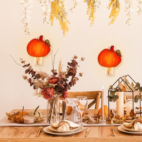 Baquler 2 Pcs Stained Glass Pumpkin Night Light Plug in Wall - Image 6