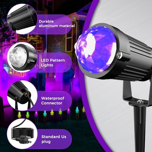Halloween Christmas LED Spot Lights Outdoor Black Light Projector, 12W Color Changing Landscape Lighting Wired 120V IP65 Waterproof Outdoor Spotlight for Glow Party Garden Yard Indoor Decor(4Pack) - Image 6