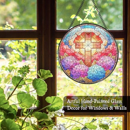 Cross Hydrangea Flower Stained Glass Window Hanging Suncatcher, Christian Cross Sun Catcher Indoor Window Decor, Christian Gifts Painted Glass Round Wall Hanging Decorations, 7.8x7.8 in - Image 4