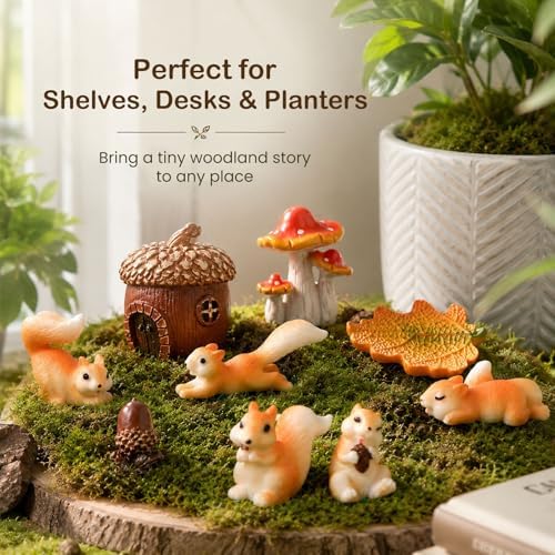 Fairy Garden Accessories, 9 Pieces Squirrel Resin Figures with Pinecone House Mushroom Leaf, Handmade Miniature Decor, Garden Miniatures Decors for Outdoor Home, Perfect DIY Gift - Image 6