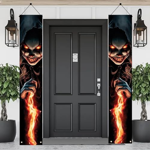 2PCS Halloween Porch Banners Evil Clown 71x12 Inch Vertical Hanging Door Decorations, Scary Haunted House Outdoor Signs for Front Porch Trick or Treat Party Entrance Wall Decor - Image 3