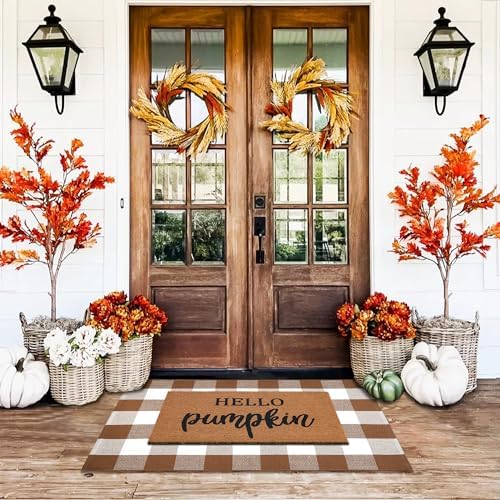Homydecor Buffalo Plaid Outdoor Rugs, 28'' x 43'' Coffe and White Checkered Area Rug, Layering Rug for Hello/Welcome Door Mat, Washable Cotton Woven Farmhouse Mat for Front Porch Décor - Image 2