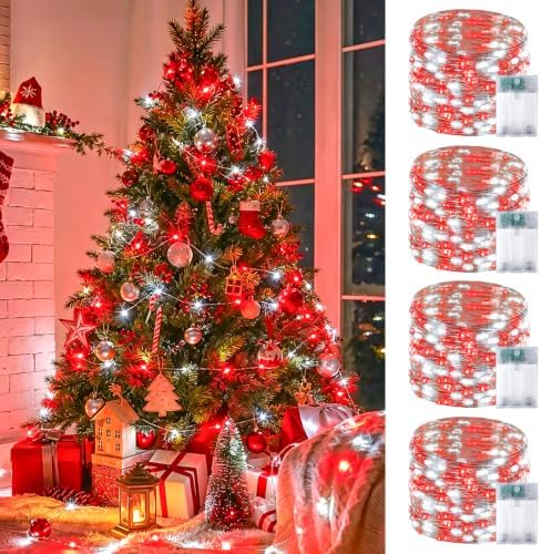 4Pack 60LED Fairy Lights Battery Operated with Timer, 20 FT Red and White by BOSSERN
