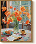 Vintage Framed Wall Art 12x16 Inch Floral Canvas Print with Poppy Flowers, Still Life Oil Painting Coffee Cup and Open Book Artwork, Aesthetic Living Room Bedroom Dining Room Farmhouse Decor Gift by WHASAYART