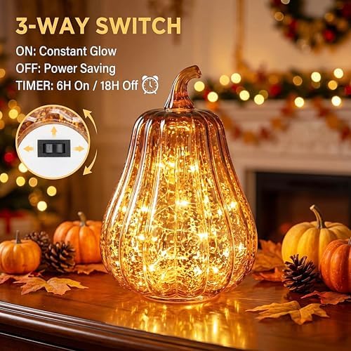 Fall Decorations for Home,Mercury Glass Pumpkin Lights with Timer(Coffee) - Image 6