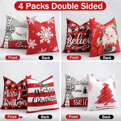 TOYPOPOR Christmas Decorations, Double Sided Throw Pillow Covers 18x18 Inches Set of 4, Christmas Tree, Snowflakes, Merry Christmas, Snowman Reindeer Cushion Case for Farmhouse Home Holiday Decor - Image 2