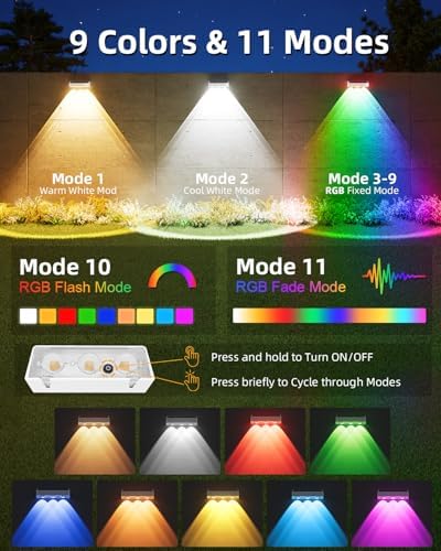 JOFIOS Solar Fence Lights 16 Pack, Warm White, Cool White and RGB Color Glow LED Solar Light, IP65 Waterproof Fence Lights Solar Powered for Patio, Backyard, Railing, Deck and Wall - Image 2