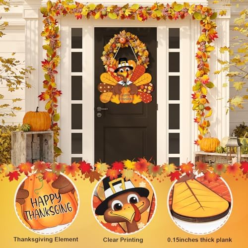 Thanksgiving Decoration Wooden Turkey Pumpkin Door Wreath for Front Door Sign Wall Signs, Thankful Blessed Grateful Pumpkin Sign Hanging for Fall Autumn Harvest Home Halloween Decoration - Image 2